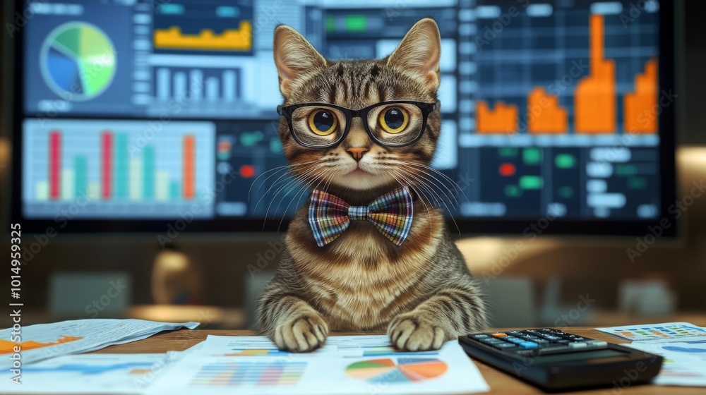 Leinwandbilder a tabby cat wearing glasses and a bow tie sits at a desk covered with financial charts and reports. 
