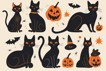 A group of black cats playing around pumpkins on a fall day