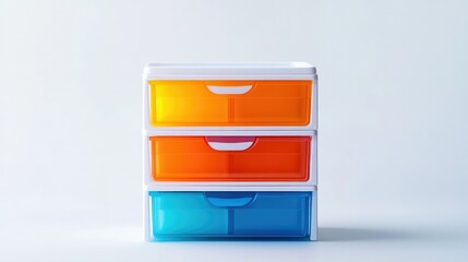 A small plastic storage cabinet featuring labeled drawers for easy access, perfectly arranged on a bright white background, ideal for an organization theme. 