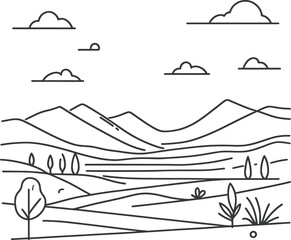 A minimalist illustration of a line drawing of a landscape, Flat Vector Style, Simple Design, White Background. Adobe Illustrator Artwork