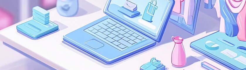 A computer with a pink and blue keyboard