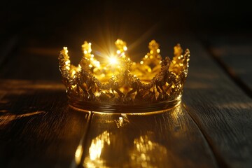 A golden crown with a bright light shining from the center, placed on a dark wood surface.