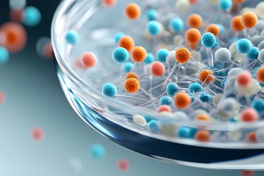A close-up of a petri dish filled with colorful spheres connected by thin lines, representing a network of interconnected objects or concepts.
