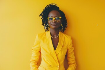 A woman wearing a bright yellow jacket and sunglasses, possibly going for a casual outing or enjoying outdoor activities