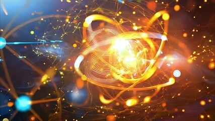 An abstract representation of atomic structures with glowing particles and light, symbolizing energy or scientific concepts.