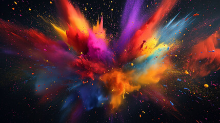 Dark background with a vibrant explosion of colorful powder, creating a dynamic abstract. Clouds of colorful sand and colored powder exploding.