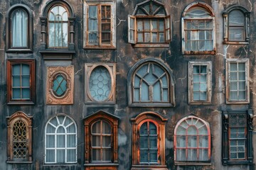 A row of windows on a city building exterior, perfect for urban architecture or modern design concepts