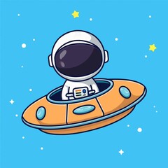 Cute Astronaut Riding Ufo Spaceship Cartoon Vector Illustration Flat Cartoon Style