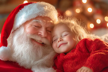 A joyful moment between Santa Claus and a smiling child during the Christmas holiday season