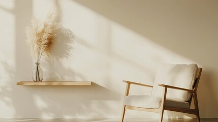 A warm beige living room interior with a stylish armchair and a wooden shelf, set against a plain wall ready for a mockup or personal touches.