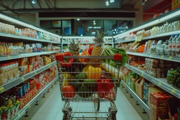 A colorful shopping cart filled with fresh fruits and vegetables, perfect for grocery or market use