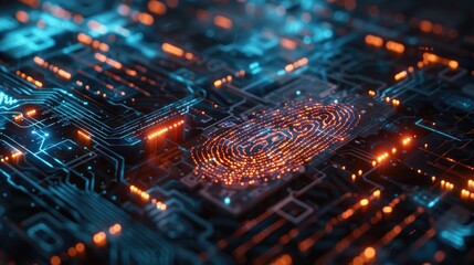 A close-up shot of a fingerprint on a electronic circuit board, suitable for use in technology and innovation related contexts