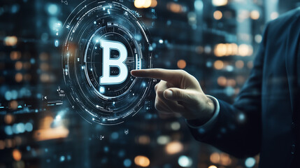 Businessman pointing at icons with digital interface overlay on blurred city background. Concept of business strategy and technology driven network.