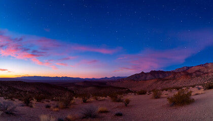 Night desert landscape background with vibrant hues, capturing distant sunlight on the horizon during twilight