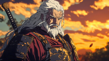 Fototapeta premium An old warrior who has endured a lot, wearing a golden samurai armor, with a face marked by scars from battles. He carries a large sword on his back. An old warrior in an animated style.