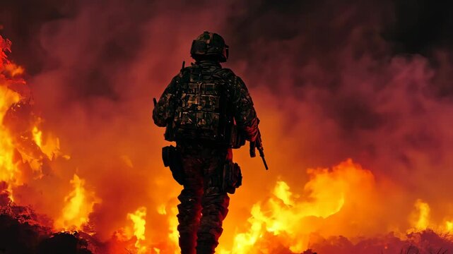 A soldier walks through a fiery landscape, their silhouette stark against the flames