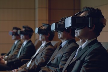 Group of people wearing virtual reality headsets, likely engaged in gaming or entertainment activities