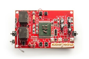 A detailed shot of a bright red electronic device on a clean white surface