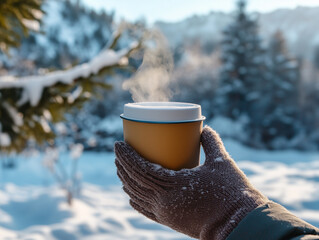 冬景色とコーヒーカップを持つ手