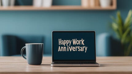 Laptop with 'Happy Work Anniversary' message and coffee mug on a wooden desk, relaxing office background.