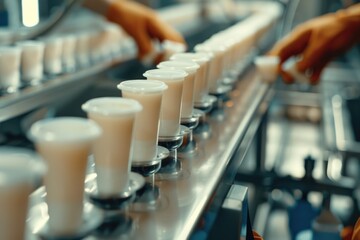 Fototapeta premium Conveyor belt carrying lines of cups and lids, industrial manufacturing setting