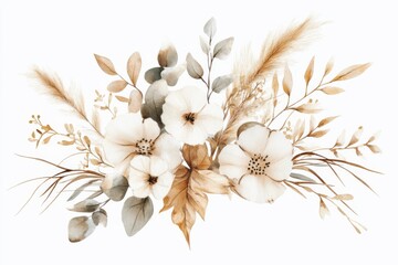 elegant boho watercolor floral bouquet with cotton leaves, dried foliage, eucalyptus, and pampas grass on white background