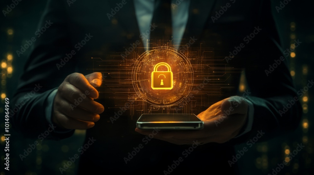 Leinwandbilder A businessman holds a smartphone displaying a glowing padlock, symbolizing cybersecurity and digital protection in a networked world.