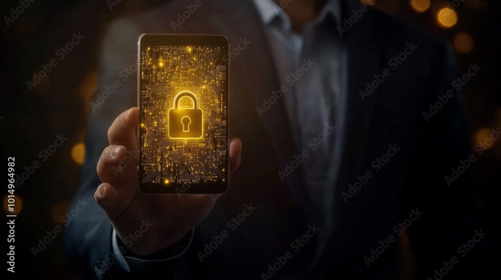 Poster a businessman holds a smartphone displaying a glowing lock icon, symbolizing digital security and da