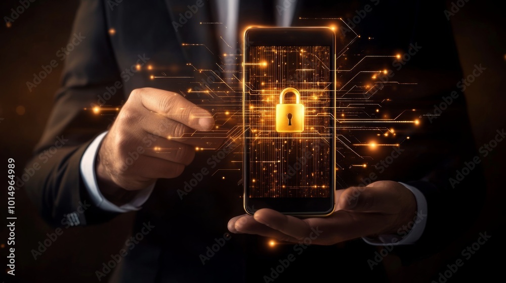 Leinwandbilder a man in a suit holds a smartphone displaying a glowing lock, signifying digital security and data p