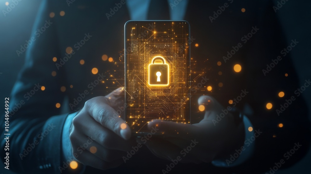 Poster A businessman holds a smartphone displaying a glowing padlock symbol, representing cybersecurity and data protection in a digital world.