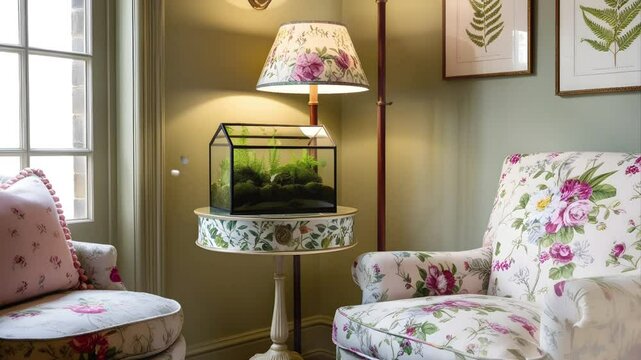 A sofa and plants in an aquarium. Seamless 4K looping timelapse video animation background