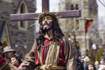 Obraz premium A depiction of Jesus Christ with a crown of thorns on his head, suitable for religious or symbolic uses