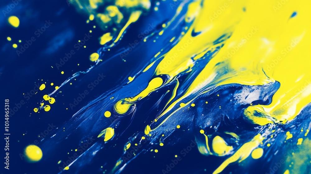 Poster an abstract artwork featuring vibrant blue and yellow paint swirls with splatters, creating a dynami