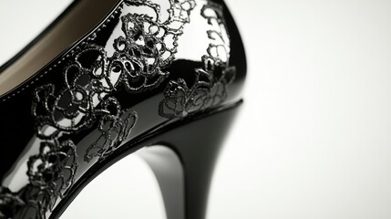 Obraz premium A close-up shot of a black patent leather high heel with intricate detailing, showcased against a pristine white background, highlighting luxury and elegance.