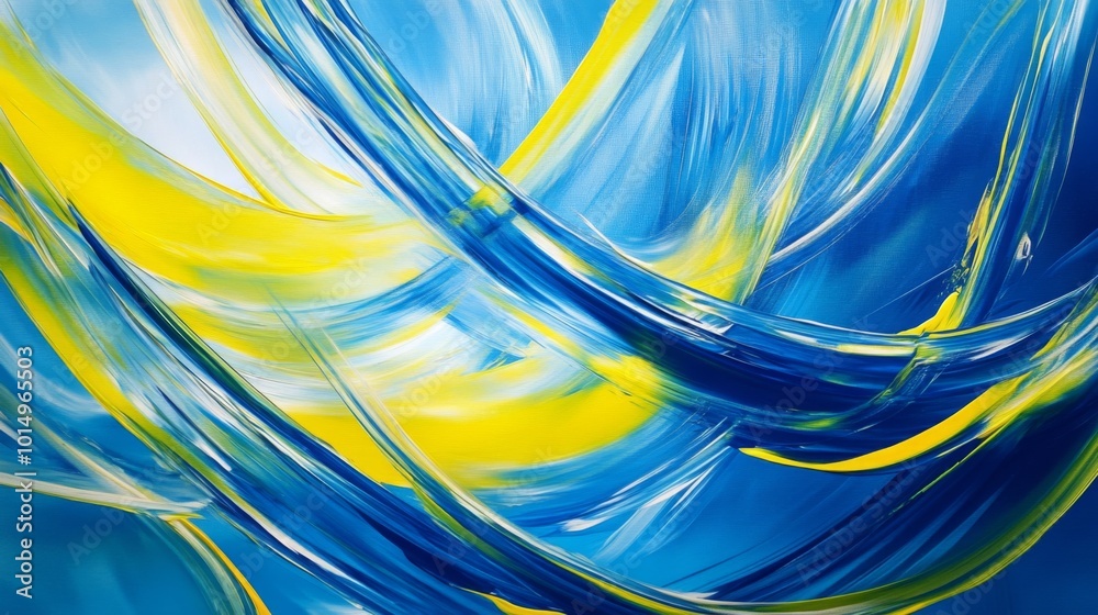 Poster a vibrant abstract painting featuring dynamic blue and yellow swirls, creating a sense of movement a