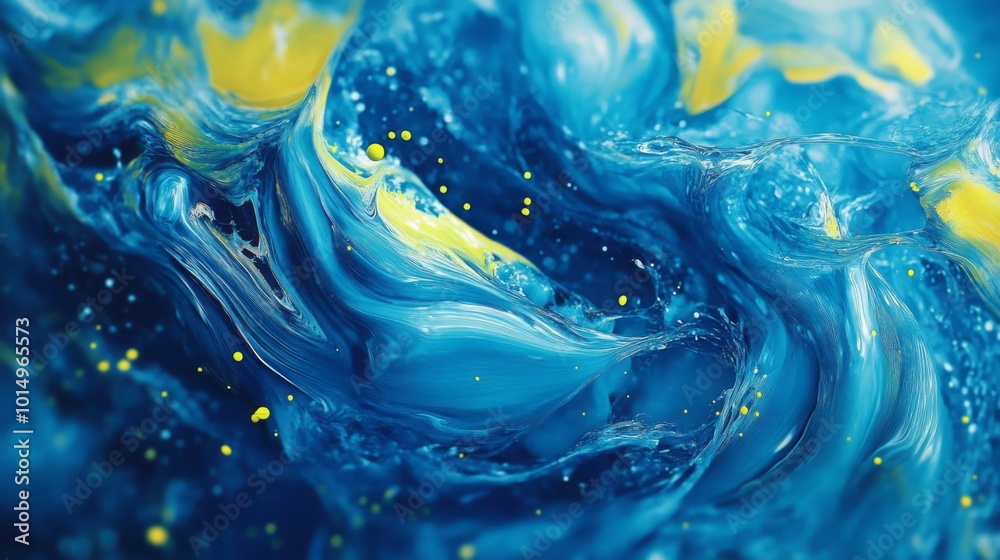 Poster Vibrant blue swirls intermingled with yellow highlights create a mesmerizing abstract pattern reminiscent of ocean waves.
