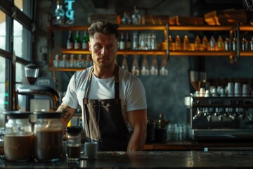 Fototapeta premium A man works at the counter in a restaurant