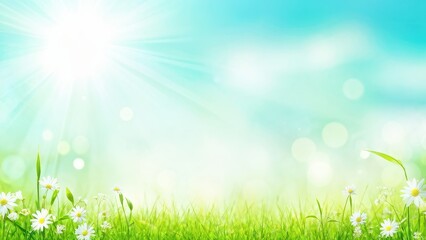 Fototapeta premium A bright, serene landscape with a grassy field and blooming flowers under a sunny sky.