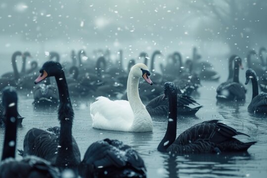 A flock of black and white swons swimming together in a serene lake