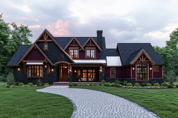 Fototapeta premium Rendering of a home exterior with classic crimson accents, traditional architecture, dark schist and birch details, ample windows, linen roof trim, a cobblestone driveway, and a well-kept grassy front