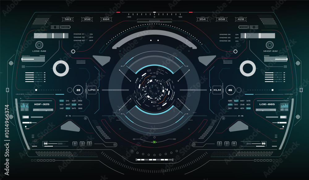 Aufkleber HUD Futuristic Drone, Space ship, Radar Interface Screen Design Element. UI Technology Monitoring Virtual Reality View Display Object Vector.