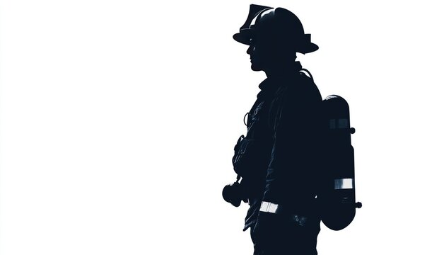Silhouette of a firefighter standing in profile against a white background.