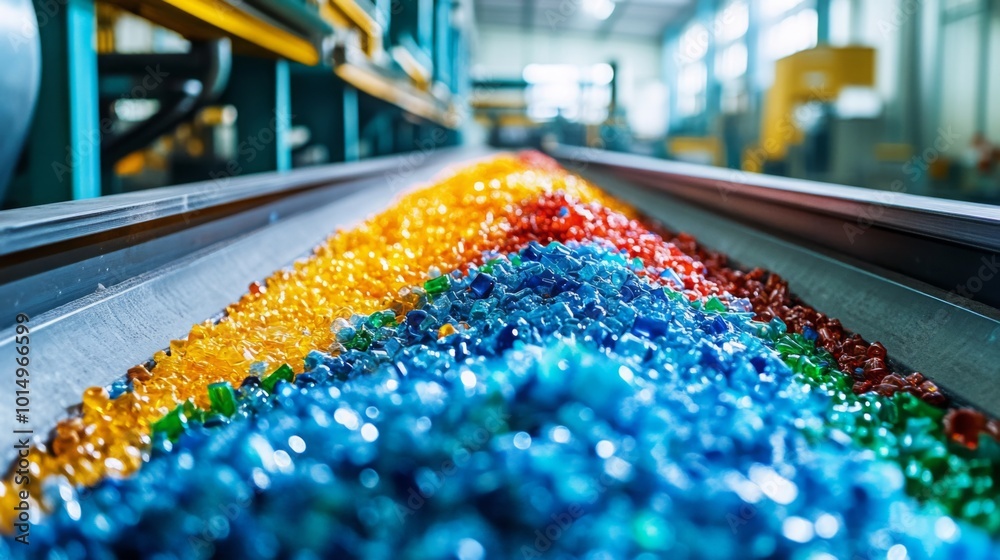 Aufkleber a vibrant assembly line displays colorful granules of plastic, indicating a manufacturing process in