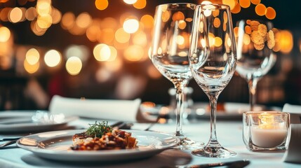Fototapeta premium Elegant Wine Dinner Setting with Cozy Lighting