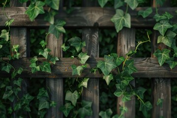 A wooden fence overgrown with lush green ivy
