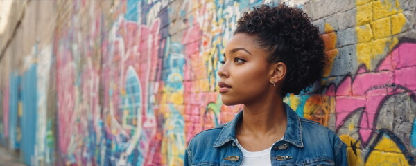 Fototapeta premium A young black woman stands confidently, gazing thoughtfully while leaning against a vibrant, graffiti-covered brick wall in an urban setting.