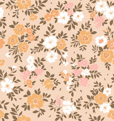 Retro floral pattern in small decorative flowers. Small pink, white, orange flowers. Rose coral background. Ditsy print. Floral seamless background ditsy pattern in small cute wild flowers.