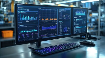 A high-tech workstation featuring dual monitors displaying data analytics, colorful graphs, and charts in a modern industrial environment.