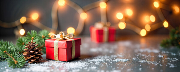 A festive arrangement features red gift boxes with bows, pine cones, and holiday ornaments set against a backdrop of soft, radiant lights, evoking the joyous spirit of the New Year.