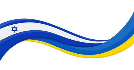 Wavy ribbon banner of Ukraine National flag with Israel National Flag. Unity and cooperation symbol. Logo for charity social events, NGO, sports team, peace summit. Vector illustration.